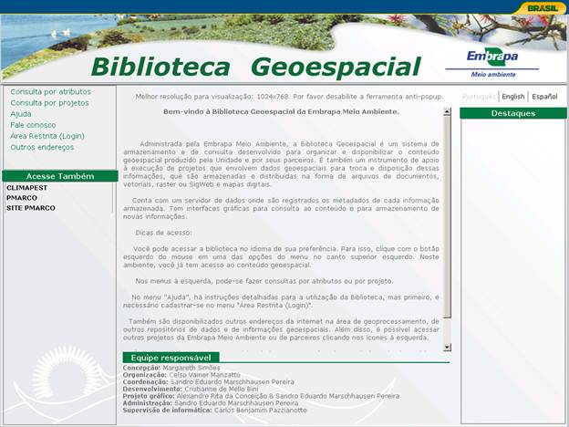 Figura 1. Tela de abertura da 			Biblioteca GeoEspacial em portuguÃªs.