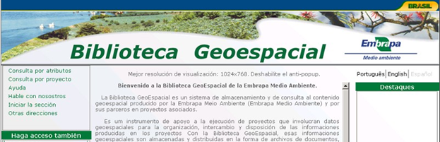 Figura 3. Tela de abertura da Biblioteca GeoEspacial em espanhol.